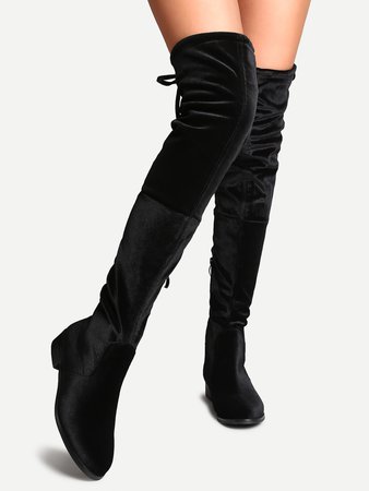 Black Faux Suede Side Zipper Tie Back Over The Knee Boots