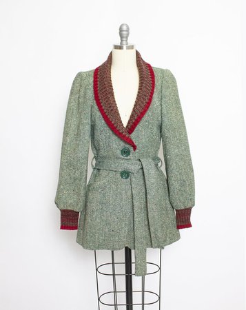 Vintage 1970s Coat Green Wool Tweed Knit Collar Jacket 70 | Etsy