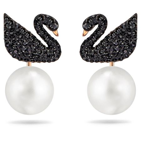 Swarovski Iconic Swan earring jackets, Swan, Black, Rose gold-tone plated | Swarovski