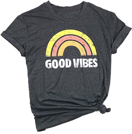 Good Vibes T Shirt for Women Rainbow Print Graphic Tees Short Sleeve Summer Casual Tops Shirts at Amazon Women’s Clothing store
