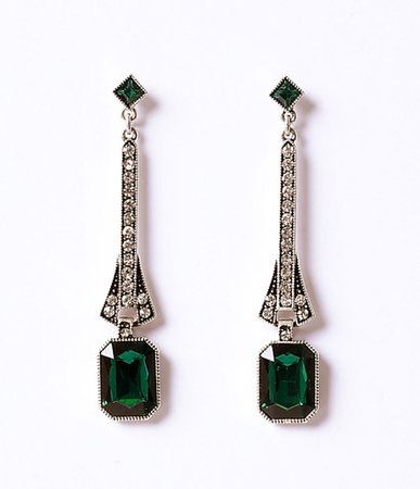 Deco Style Emerald & Silver Crystal Drop Post Earrings – Unique Vintage
