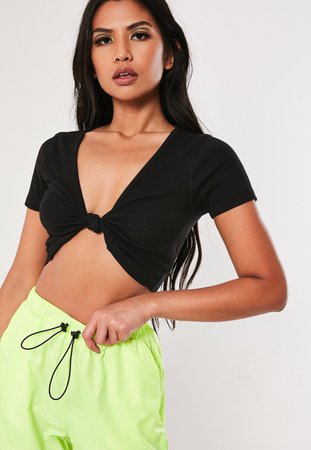 Black Ribbed Knot Front Crop Top | Missguided Australia