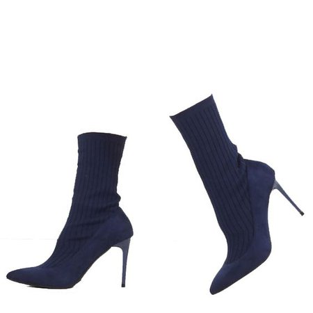 Navy Pointy Toe Stiletto Heel Sock Boots Ankle Booties