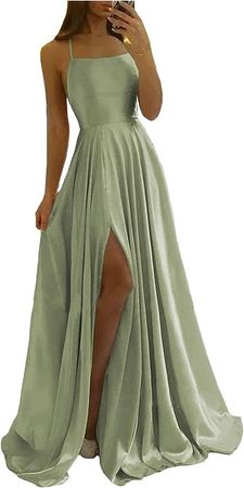 Amazon.com: WaterDress Simple Long Satin Dusty Sage Prom Dresses with Slit Spaghetti Straps A Line Formal Dresses for Women Party Dusty Sage 2: Clothing, Shoes & Jewelry