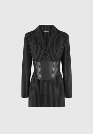 Pinstripe Blazer Dress with Reversible Corset - Black | Manière De Voir USA