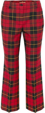 Cropped Tartan Wool Straight-leg Pants - Red