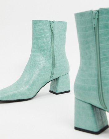 Monki croc print ankle boots with block heel in mint green | ASOS