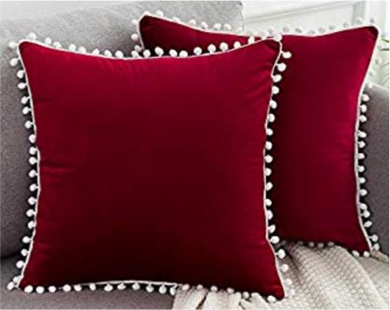 red and cream Pom Pom pillow covers
