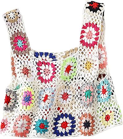 Women's Summer Crochet Tank Top Colorful Floral Embroidery Knit Vest Tops Boho Camisole Beachwear at Amazon Women’s Clothing store