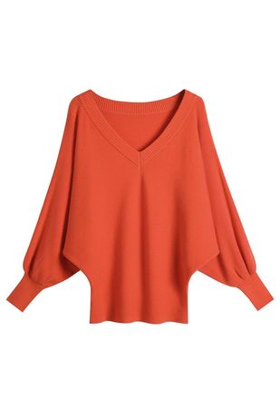V-Neck Batwing Sleeves Pullover Knit Sweater in Orange - Retro, Indie and Unique Fashion