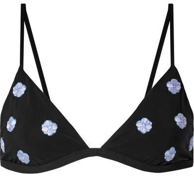 Floral-embroidered Triangle Bikini Top - Black