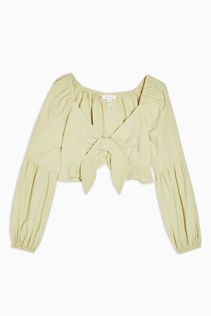 Lime Green Textured Knot Front Frill Blouse | Topshop