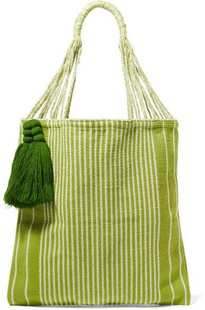 Net Sustain Bianca Tasseled Striped Crocheted Cotton-blend Tote - Green