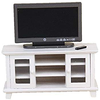 Amazon.com: dreamflyingtech 1:12 Dollhouse Miniature TV with White TV Cabinet Bench Furniture for Dolls House Living Room: Home & Kitchen