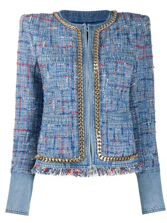 Balmain Tweed Cropped Blazer TF17542D017 Blue | Farfetch
