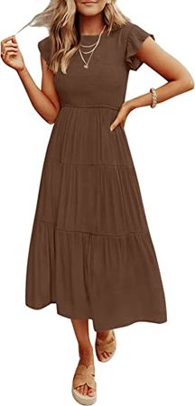 ZESICA Women's 2023 Summer Casual Flutter Short Sleeve Crew Neck Smocked Elastic Waist Tiered Midi Dress at Amazon Women’s Clothing store