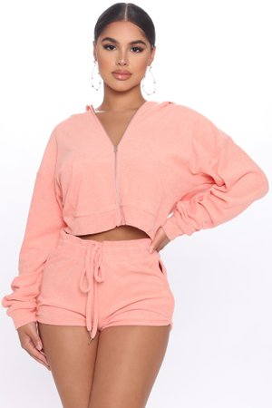 Just To Chill Terry Cloth Lounge Short Set - Peach