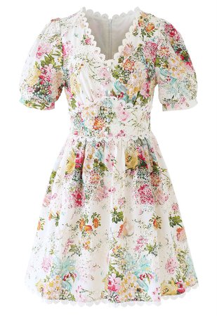 Vivid Flower Buttoned Crochet Embroidered Dress - Retro, Indie and Unique Fashion