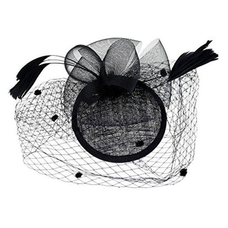 MagiDeal Bridal Fish Net Face Veil Feather Fascinator Hair Clip Wedding Party Headpiece - Black
