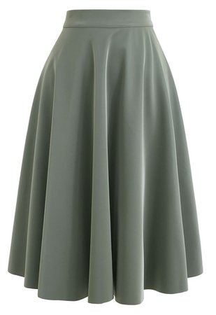 Sleek Faux Leather A-Line Midi Skirt in Olive - Retro, Indie and Unique Fashion