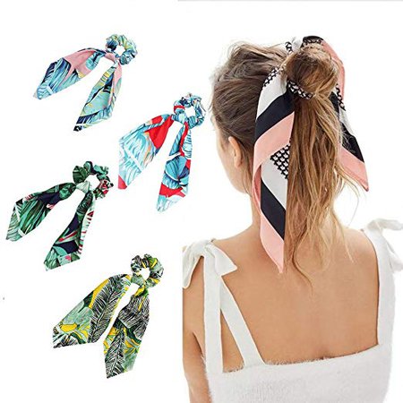 Amazon.com : Beauty Wig World 4Pcs Floral Print Scarf Scrunchie Silk Satin Hair Scarves Elastic Hair Bands Bohemian Style Ponytail Holder Ties Vintage Hair Accessories for Women Girls : Beauty