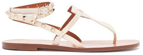 Rockstud Double Strap Leather Sandals - Womens - Cream