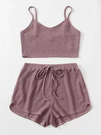 Waffle Knit Crop Cami Top & Knot Waist Shorts Set | SHEIN USA