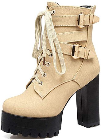 DoraTasia Women's Fashion Chunky High Heel Buckle Lace Up Platform Ankle Boots | Ankle & Bootie