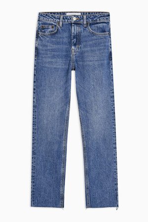 Mid Blue Ripped Hem Straight Jeans | Topshop