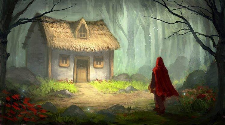 digital Art, Fantasy Art, Fairy Tale, Little Red Riding Hood, Trees, Forest, House, Painting, Grass, Stones, Flowers Wallpapers HD / Desktop and Mobile Backgrounds