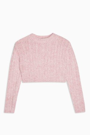 PETITE Pink Fluffy Cable Crop Knitted Sweater | Topshop