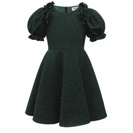 David Charles Puffed Sleeve Ruffled Dress in Dark Green - BAMBINIFASHION.COM