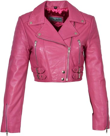 Ladies Cropped Short Length Leather Jacket Slim Fit Biker Style Demi Pink (Large) at Amazon Women's Coats Shop