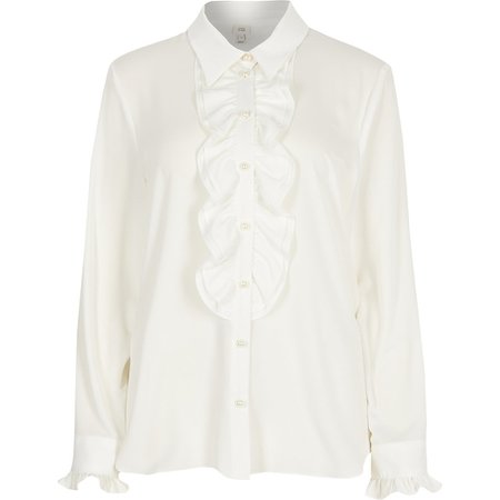 Cream frill front long sleeve shirt | River Island