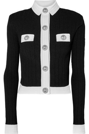 Balmain Button-embellished two-tone ribbed-knit cardigan