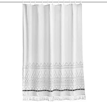 Amazon.com: YoKii Tassel Fabric Shower Curtain, Black White Geometric Boho Striped Nordic Chic Polyester Bath Curtain Set with Hooks, Decorative Heavy Weighted 72-Inch Bathroom Curtains, (72 x 72, White) : Home & Kitchen
