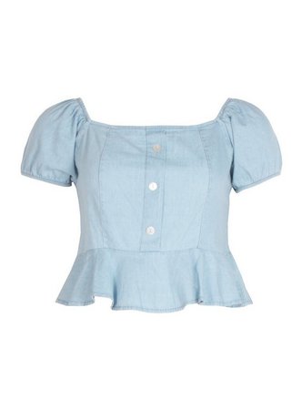 Chambray Button Front Frill Top | Boohoo UK