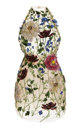 Crystal-Embellished Embroidered Tulle Mini Halter Dress By Oscar De La Renta