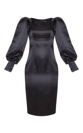 Black Bust Detail Puff Sleeve Satin Midi Dress | PrettyLittleThing USA