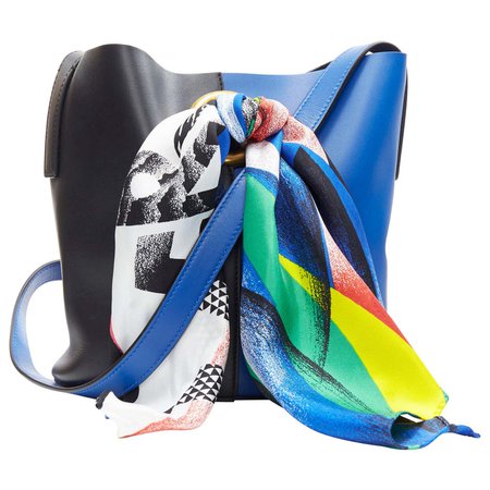 VERSACE AW18 blue black calf leather Boccioni silk scarf tie bucket bag