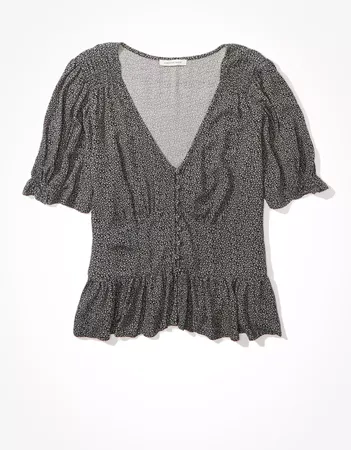 AE Button Front Peplum Blouse grey