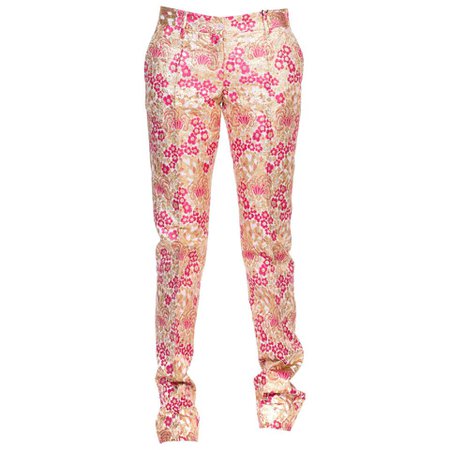 1990's Dolce and Gabbana Metallic Gold Lurex Pink Floral Pants NWT For Sale at 1stdibs