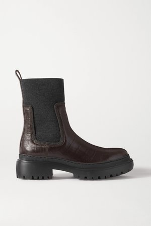 Brown Bead-embellished cashmere-trimmed croc-effect leather Chelsea boots | Brunello Cucinelli | NET-A-PORTER