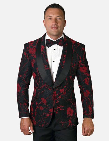 Statement Men's Black & Red Floral Patterned Tuxedo Jacket with Bow Ti – Karako Suits