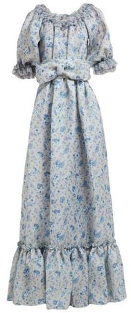Ruffled Floral Print Silk Gauze Gown - Womens - Blue Print