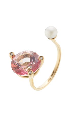 18kt Gold Ring with Pink Topaz, White Diamonds and Pearl Gr. One Size