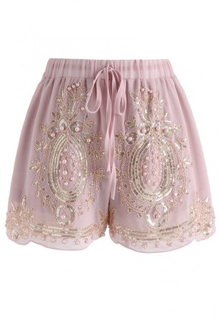 Shinning Pearls Trimming Chiffon Shorts in Pink - Pants - BOTTOMS - Retro, Indie and Unique Fashion