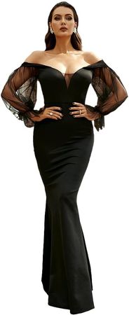 Amazon.com: Miss ord Women's Sexy Off Shoulder V Neck Maxi Prom Dress, Backless Tulle Long Sleeve Mermaid Ball Gown : Clothing, Shoes & Jewelry