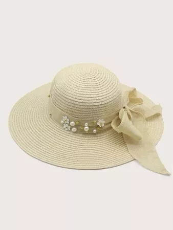 Faux Pearl & Floral Decor Straw Hat | SHEIN USA
