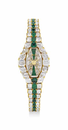 PIAGET, A LADY'S MAGNIFICENT AND RARE 18K GOLD, DIAMOND AND EMERALD-SET BRACELET WATCH